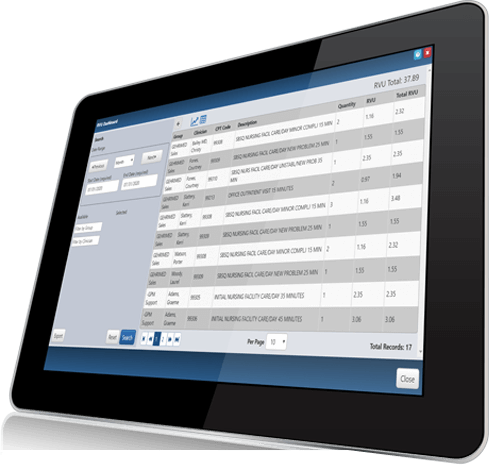 GEHRIMED RVU Dashboard Displayed on Tablet